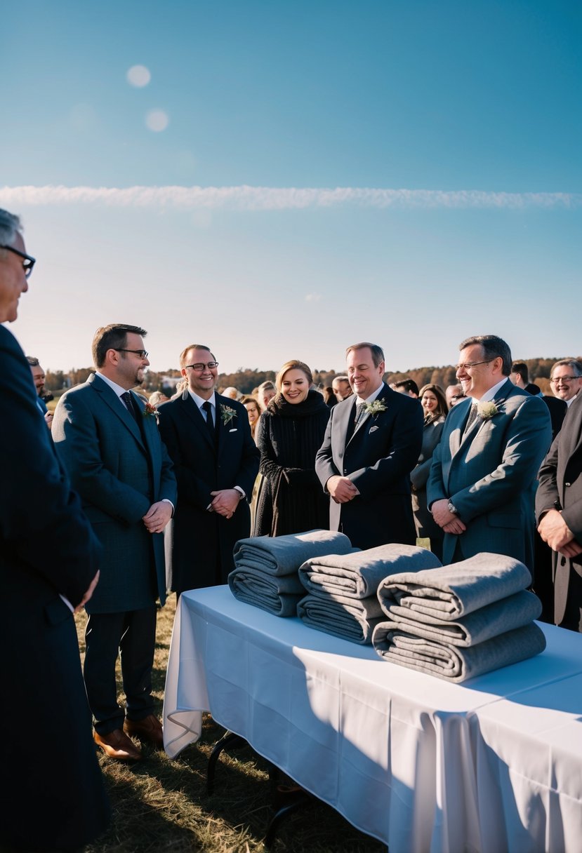 Guests gather outdoors under a clear November sky. A table displays neatly folded blankets, offered to keep them warm during the wedding ceremony