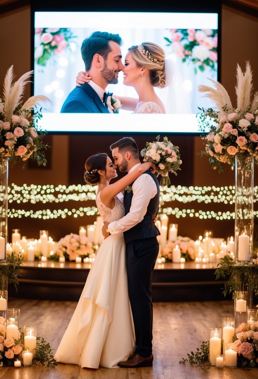 A couple embraces on a candlelit dance floor, surrounded by twinkling lights and romantic floral arrangements, as a video of their love story plays on a large screen in the background