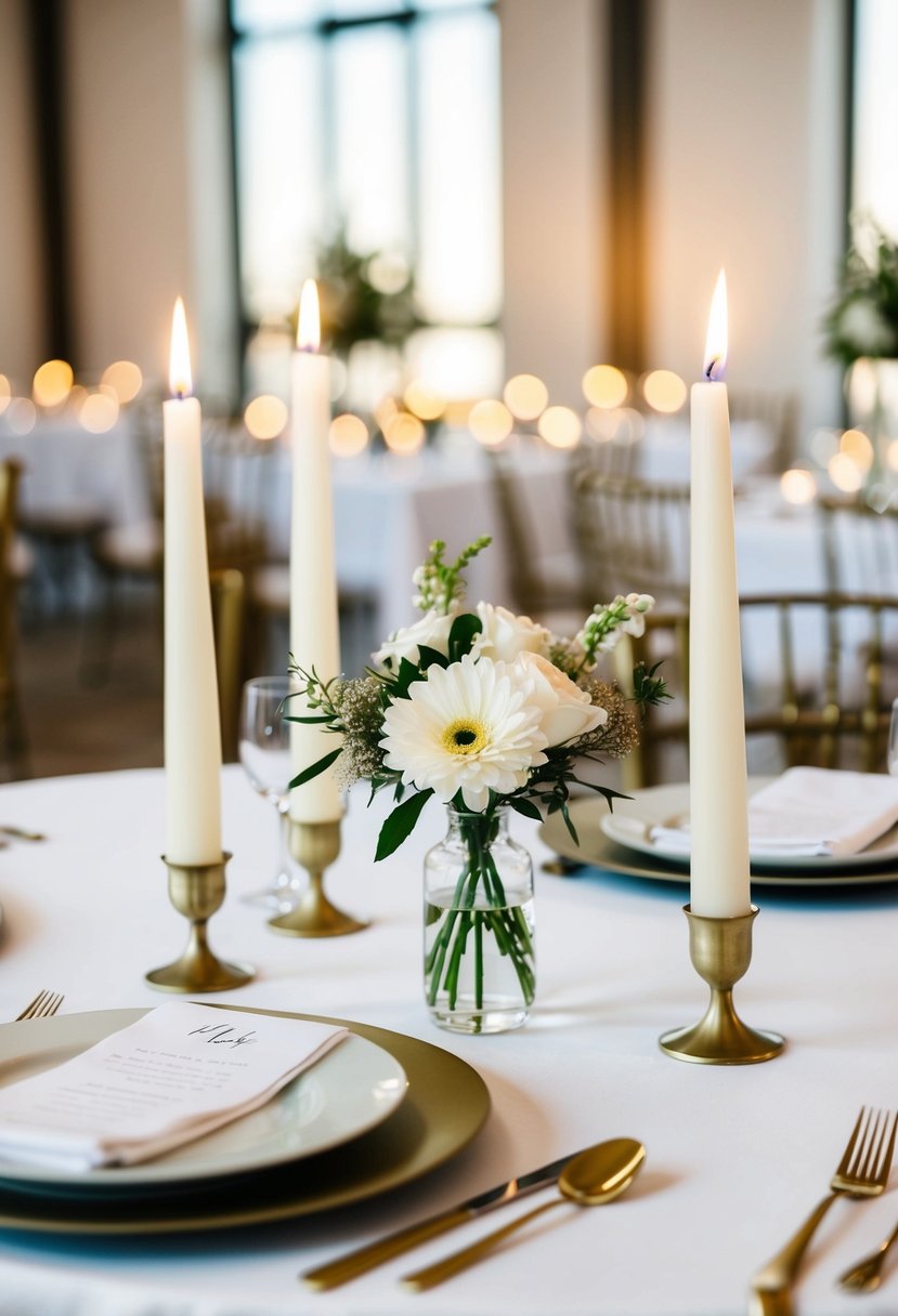 A simple, elegant table setting with white linens, candles, and a single flower centerpiece