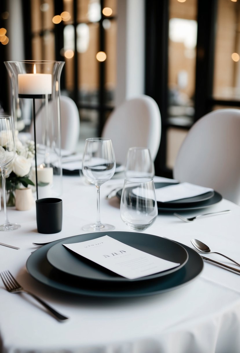 A sleek, modern table setting with simple, chic decor for a minimalist wedding