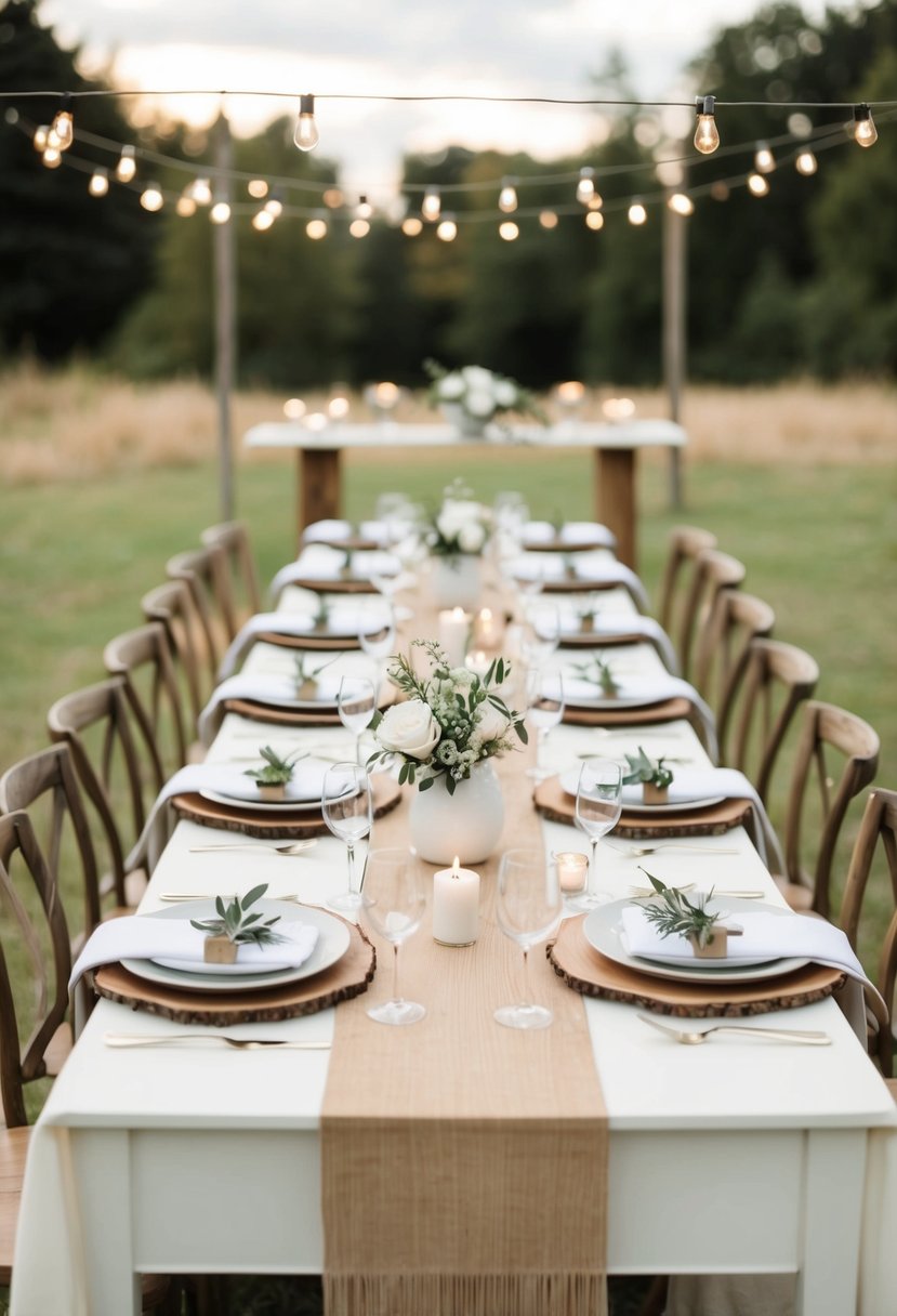 A simple, elegant wedding table set with natural wood accents and minimalist decor