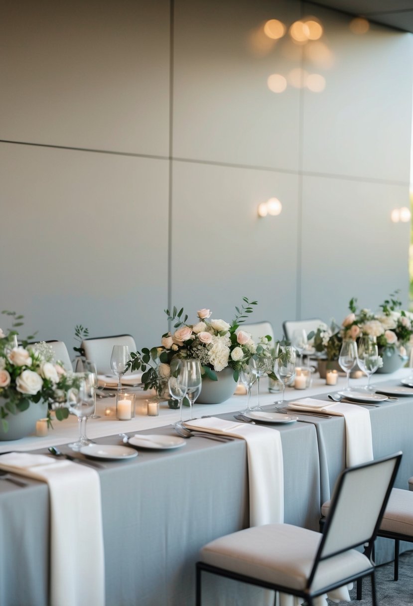 A serene, modern wedding reception with muted tones and clean lines. Simple floral arrangements and elegant table settings create a minimalist ambiance