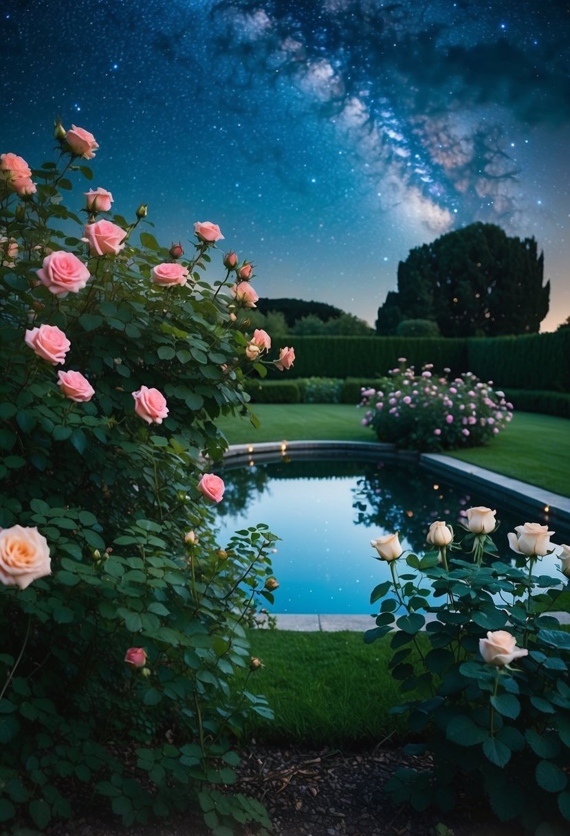 A serene garden with blooming roses and a shimmering pond under a starry night sky