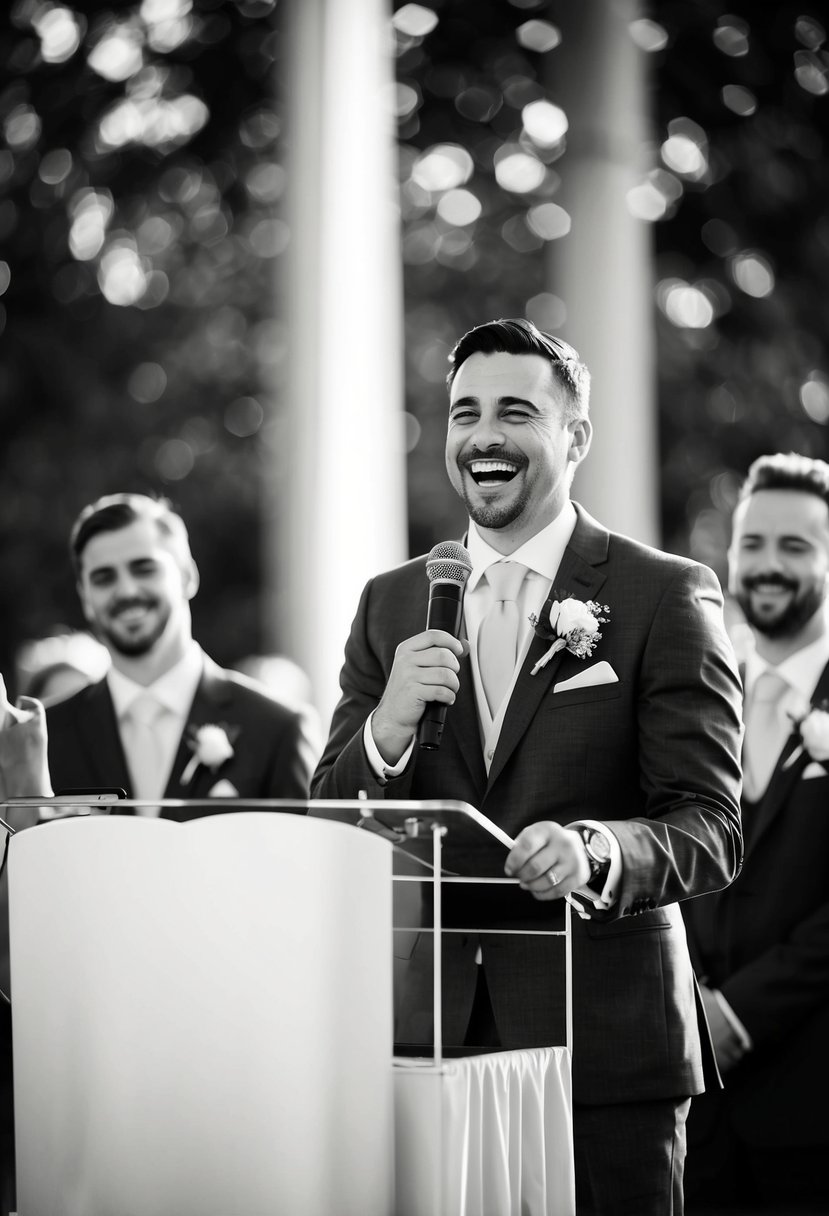 A best man stands at a wedding podium, holding a microphone and laughing as he delivers a humorous quote in his speech for his best friend