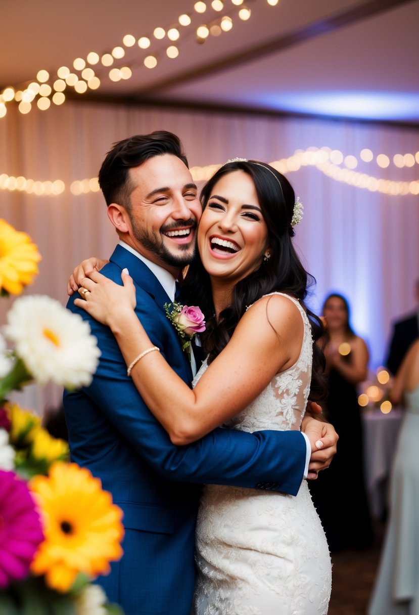 Two friends laughing and embracing at a wedding reception, surrounded by twinkling lights and colorful flowers