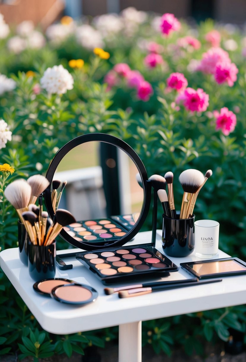 A makeup artist's table set up outdoors with brushes, palettes, and mirrors surrounded by blooming flowers and greenery