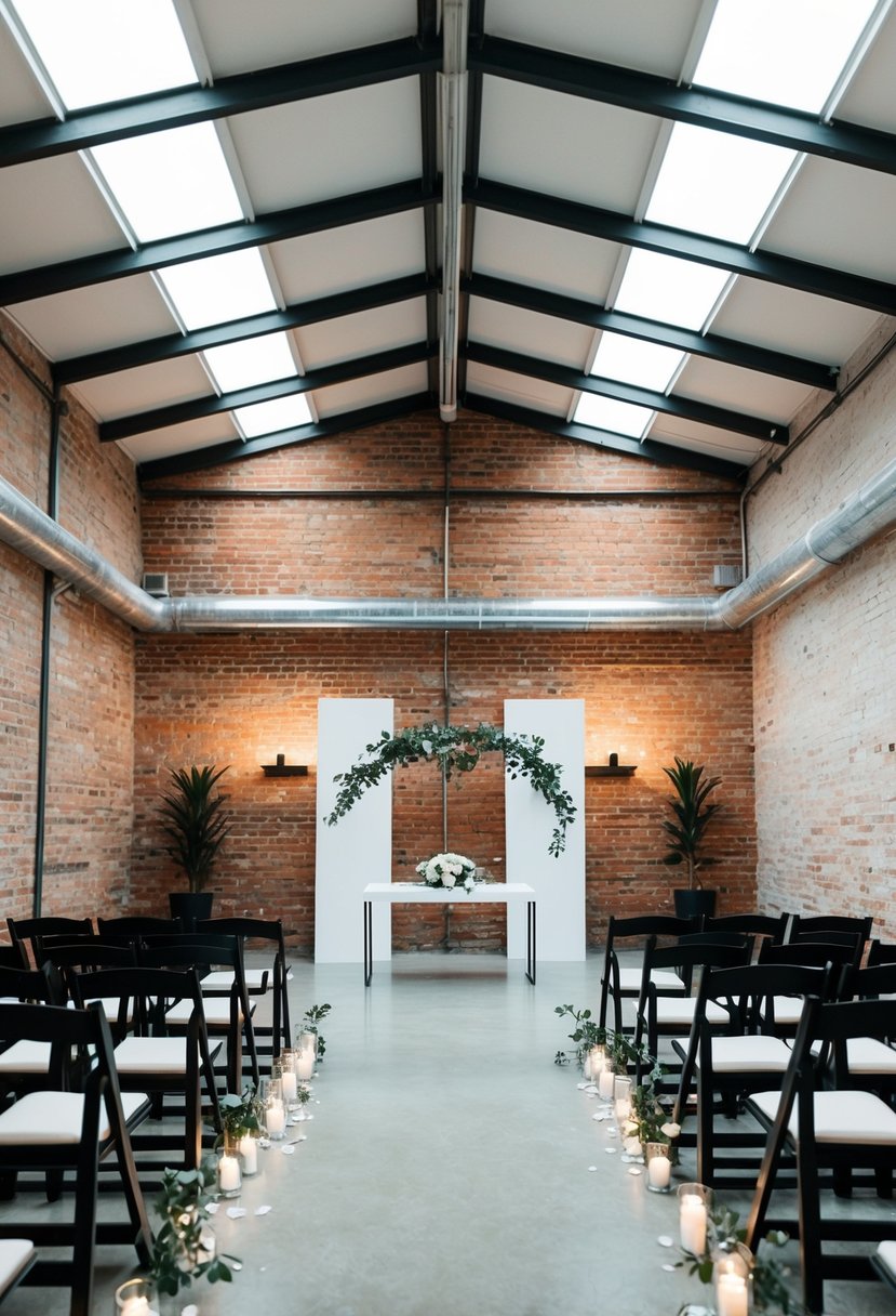 An industrial venue with exposed brick walls, high ceilings, and minimalistic decor. A simple ceremony space with modern lighting and sleek furniture