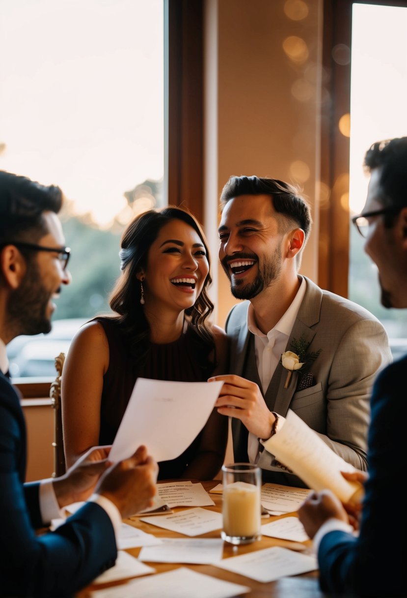 A couple's silhouette sharing a laugh while brainstorming wedding speech ideas, surrounded by a table covered in notes and a warm, cozy atmosphere