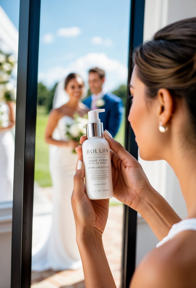 A woman's hand applies moisturizer in front of a mirror, with a sunny outdoor wedding scene reflected in the background