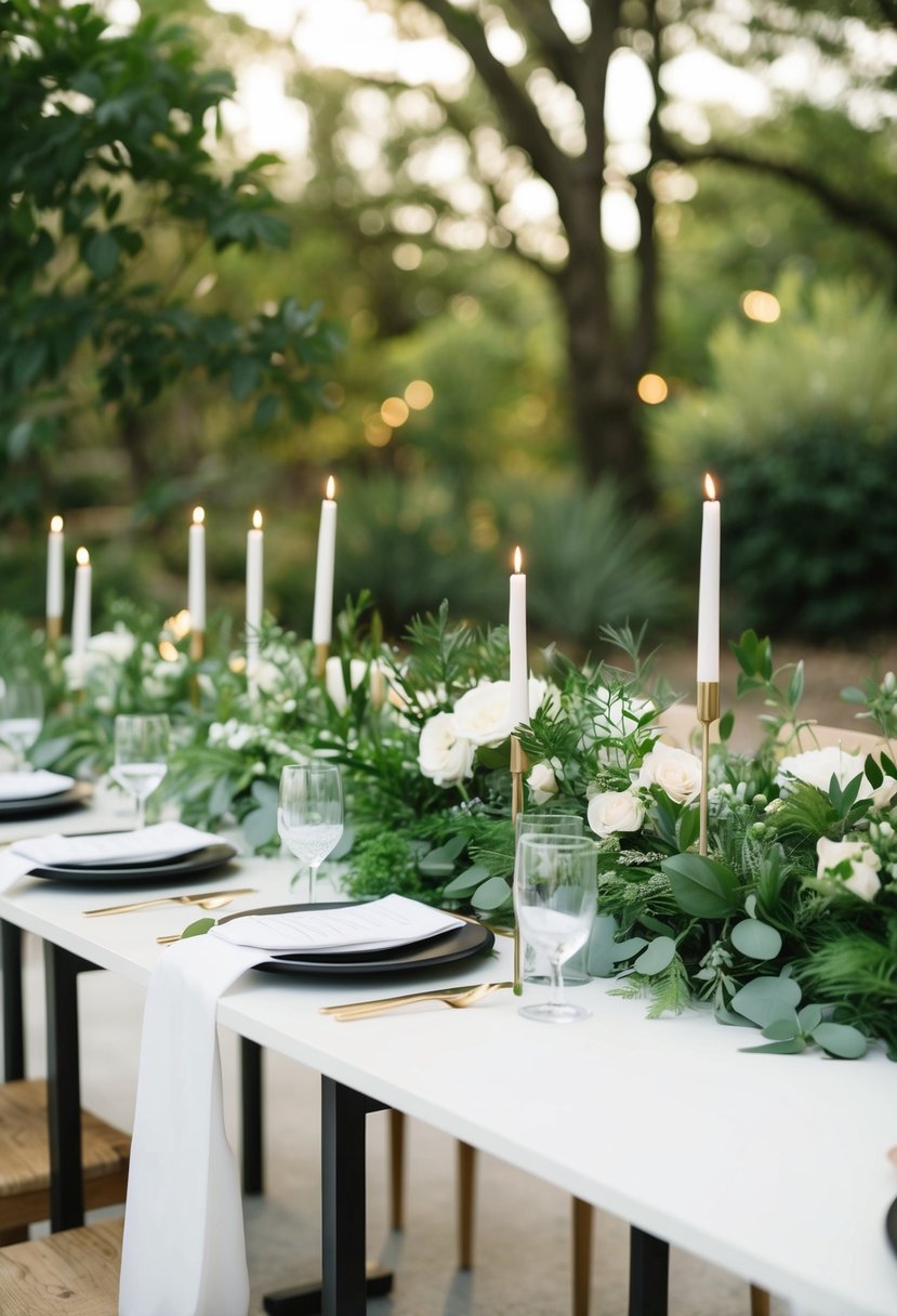 A simple, modern wedding table adorned with lush greenery and minimalist decor