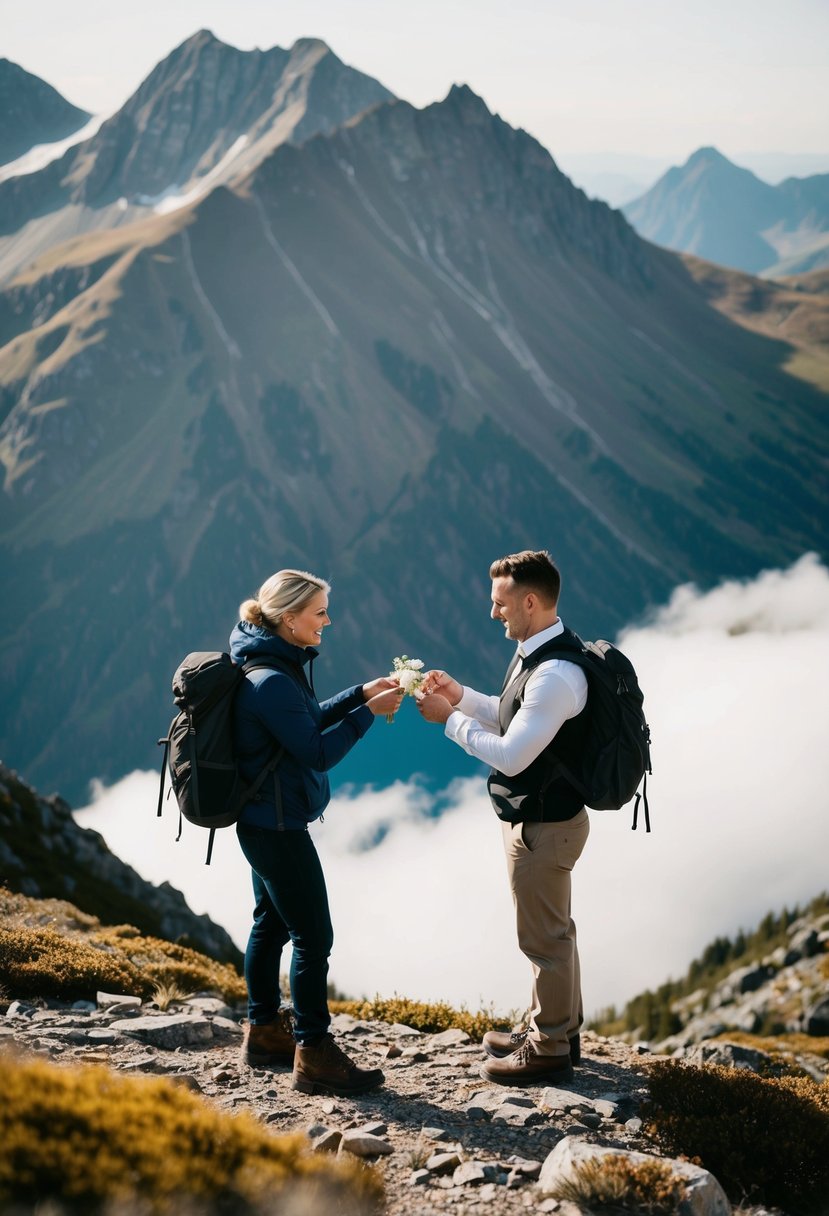 A couple hiking up a mountain, exchanging vows at the summit, surrounded by breathtaking views of nature