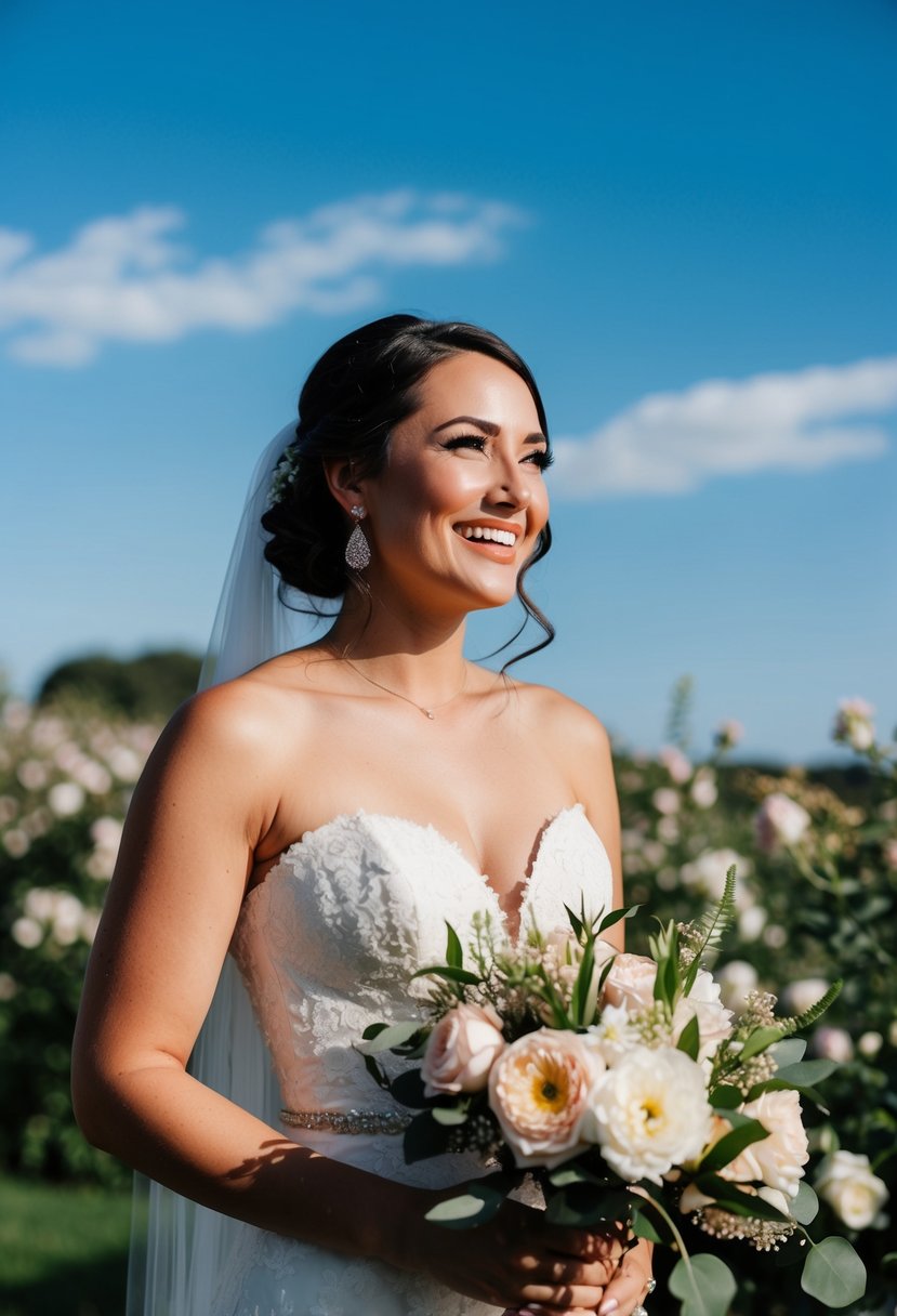 A bride with waterproof mascara smiles under a clear blue sky amidst blooming flowers and greenery at an outdoor wedding