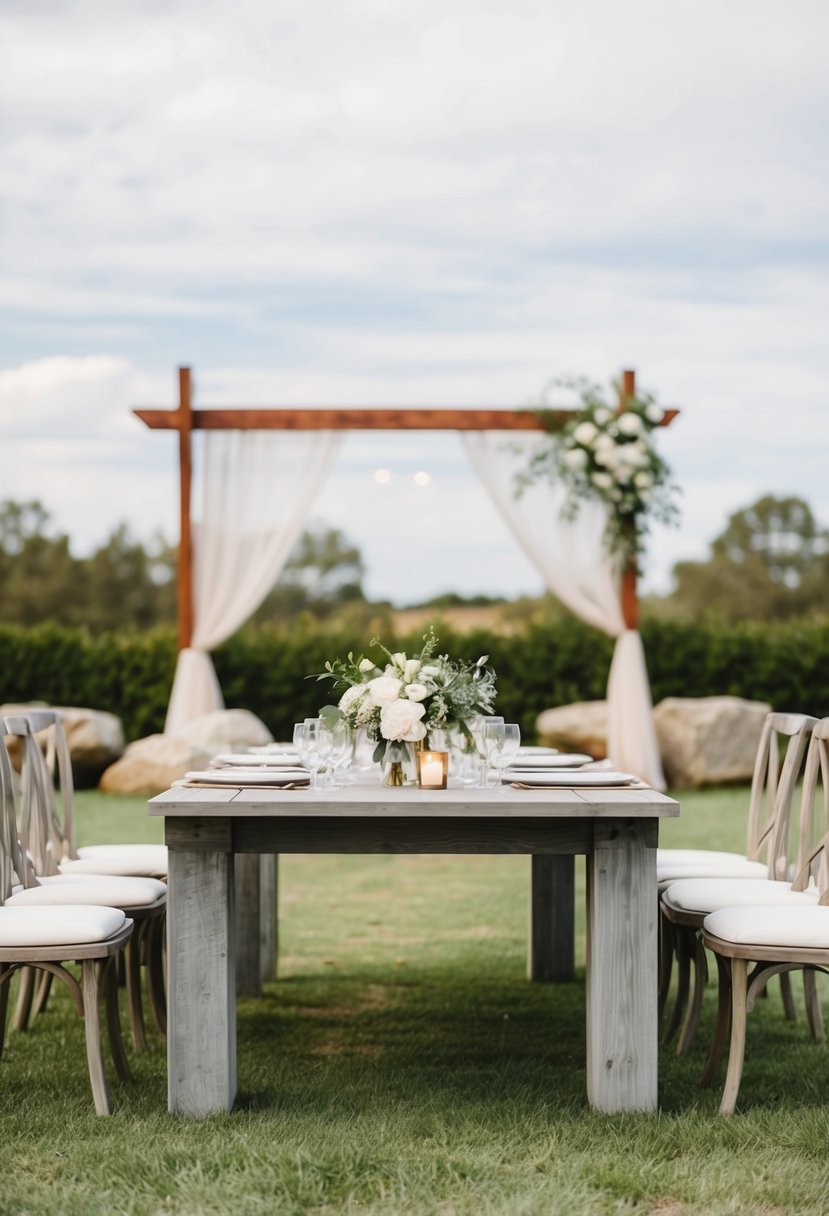 An outdoor wedding setting with weathered wood, stone, and minimal decor