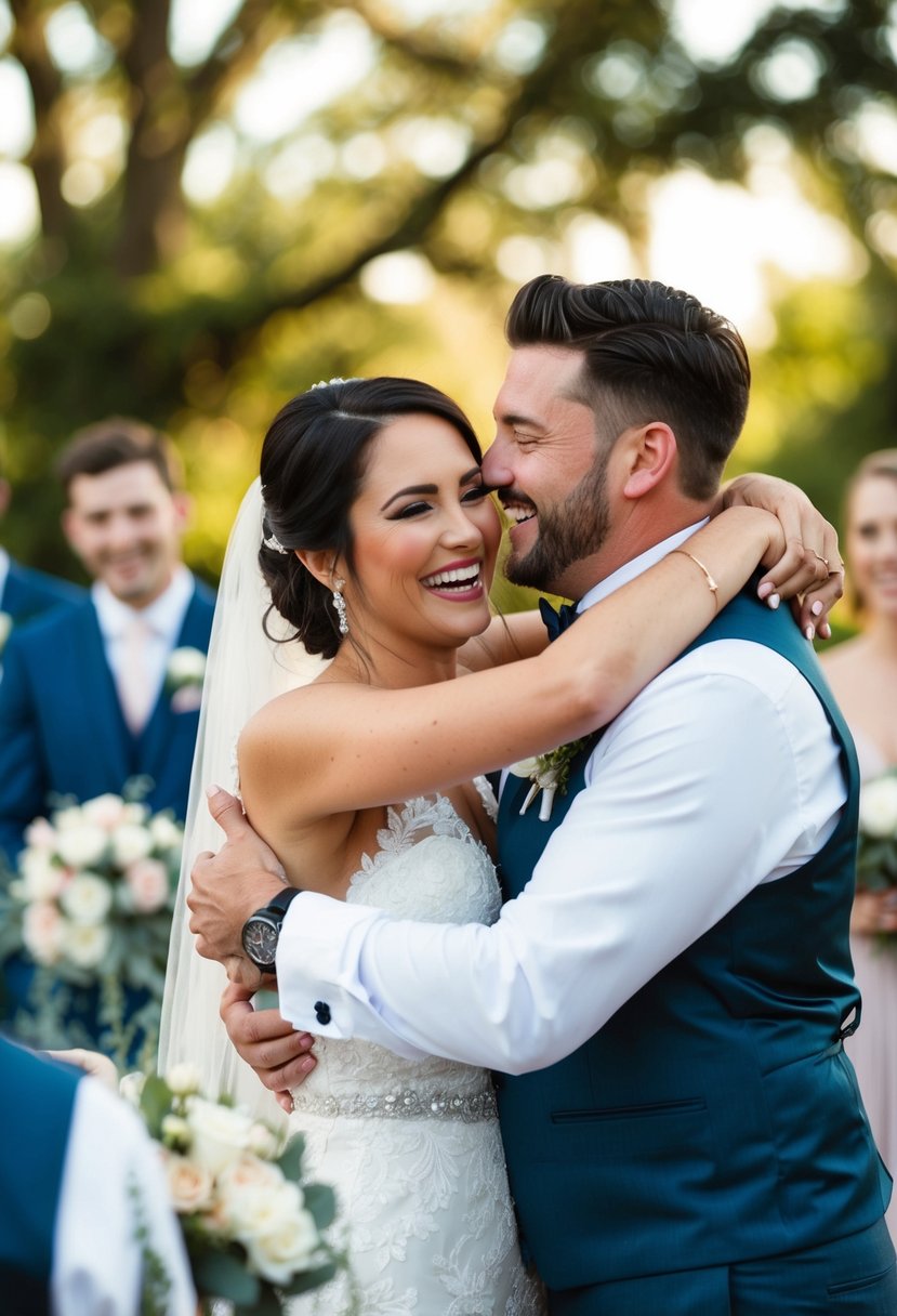 A best friend embraces the bride and groom, their faces beaming with joy as they deliver heartfelt wedding speeches