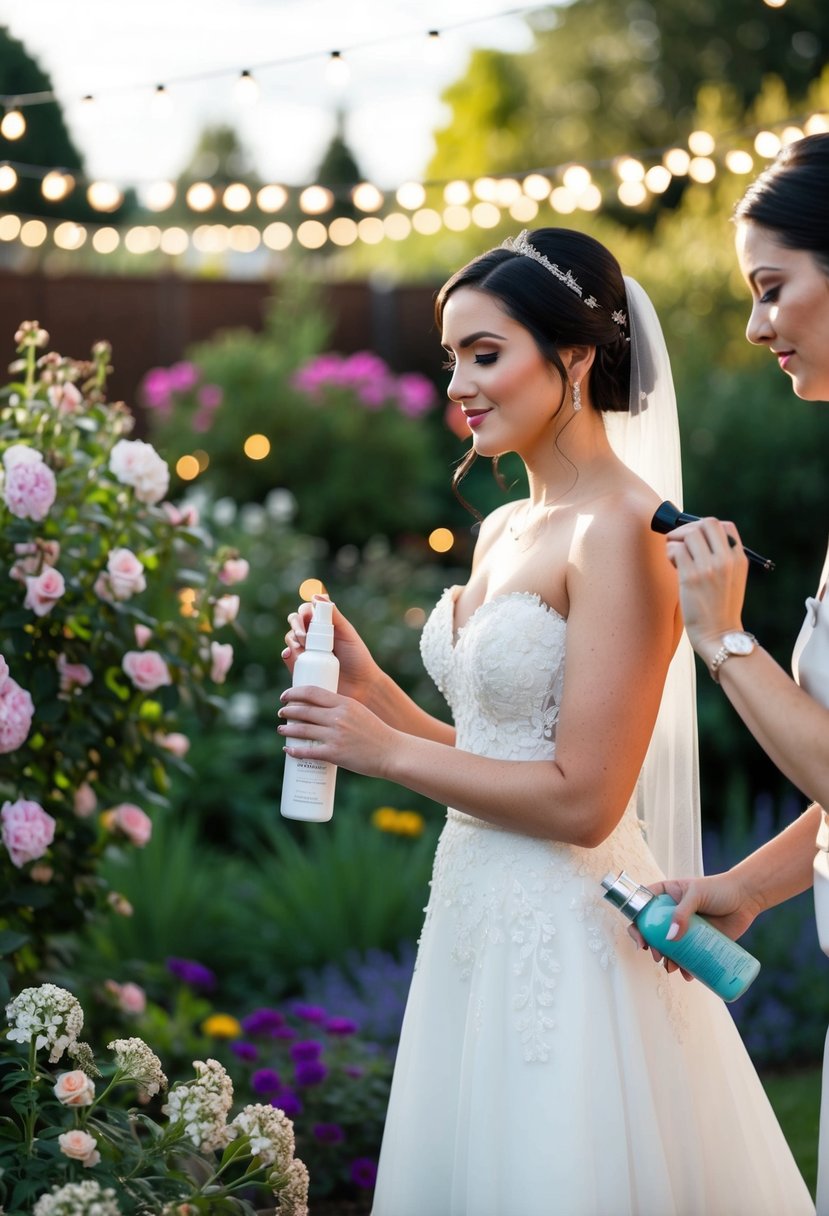 A bride stands in a garden, surrounded by blooming flowers and twinkling fairy lights. She holds a bottle of setting spray, while a makeup artist applies finishing touches to her flawless outdoor wedding makeup