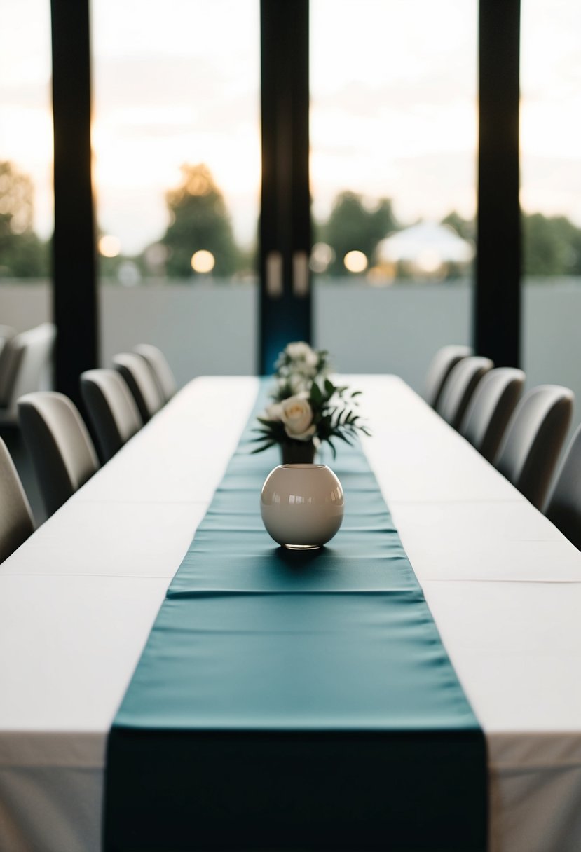 A simple, unadorned table with a sleek, monochromatic table runner in a modern, minimalist wedding setting