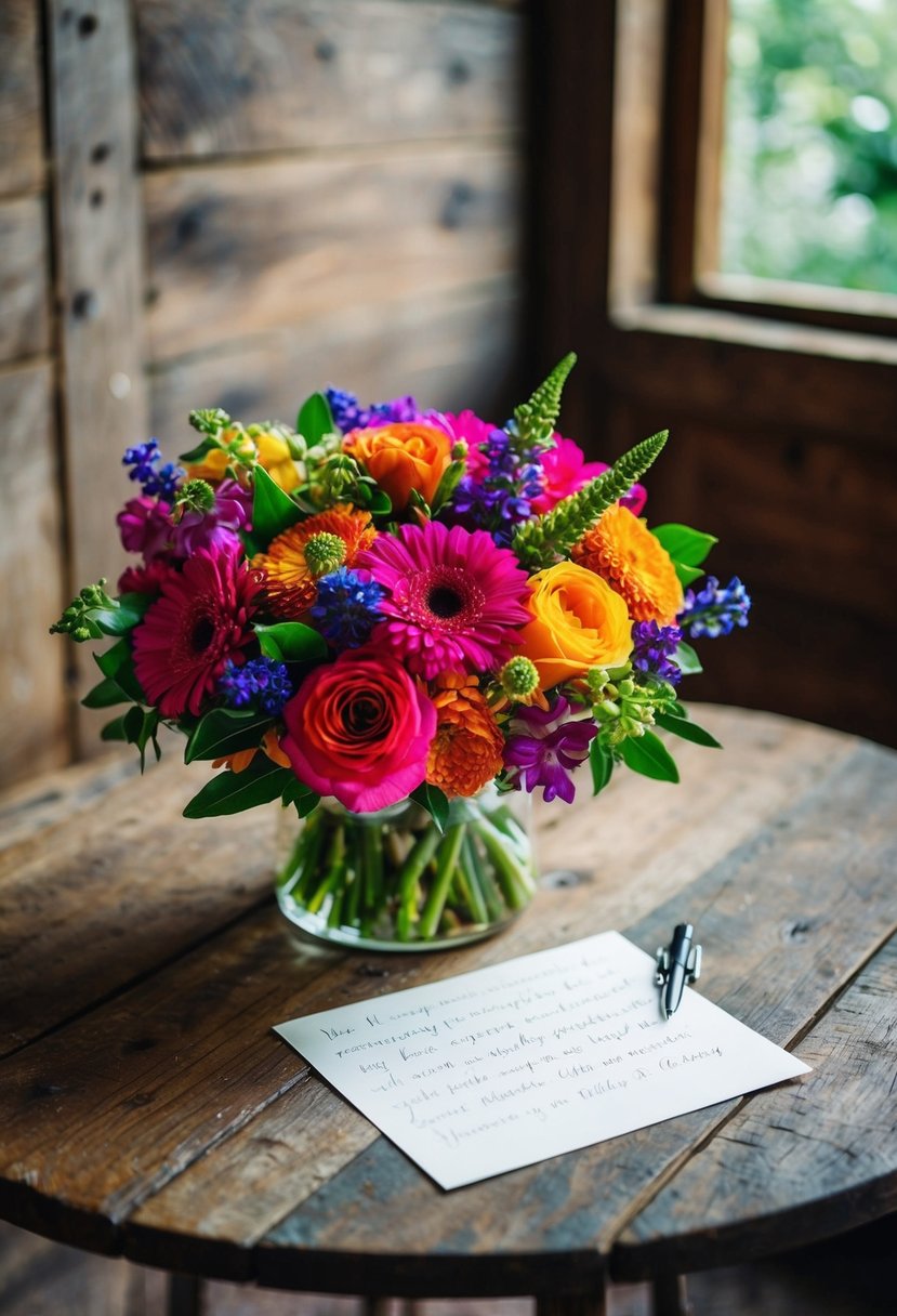 A bouquet of vibrant flowers and a heartwarming note on a rustic wooden table