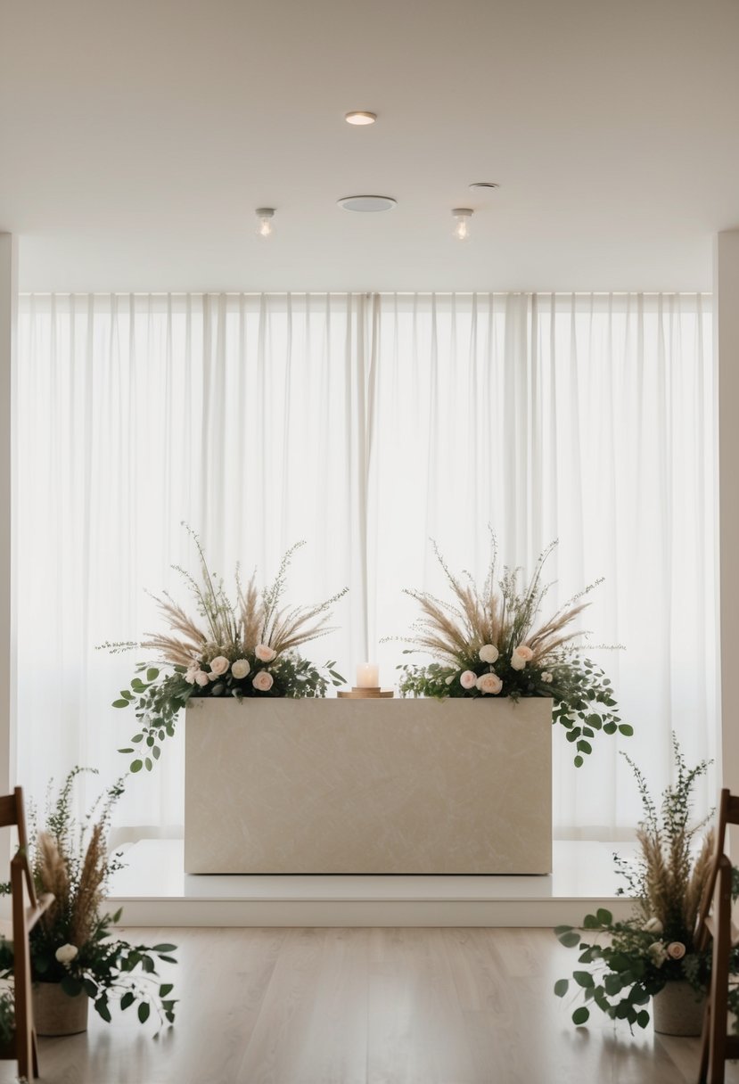 A simple, modern altar with neutral tones and greenery. Soft, natural lighting illuminates the space