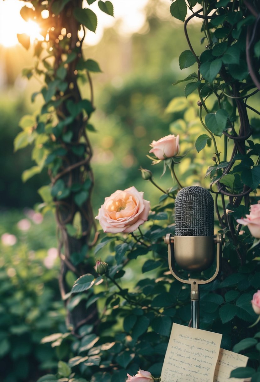 A serene garden with intertwined vines and blooming roses, with a soft light casting a warm glow over a vintage microphone and a scattering of handwritten notes