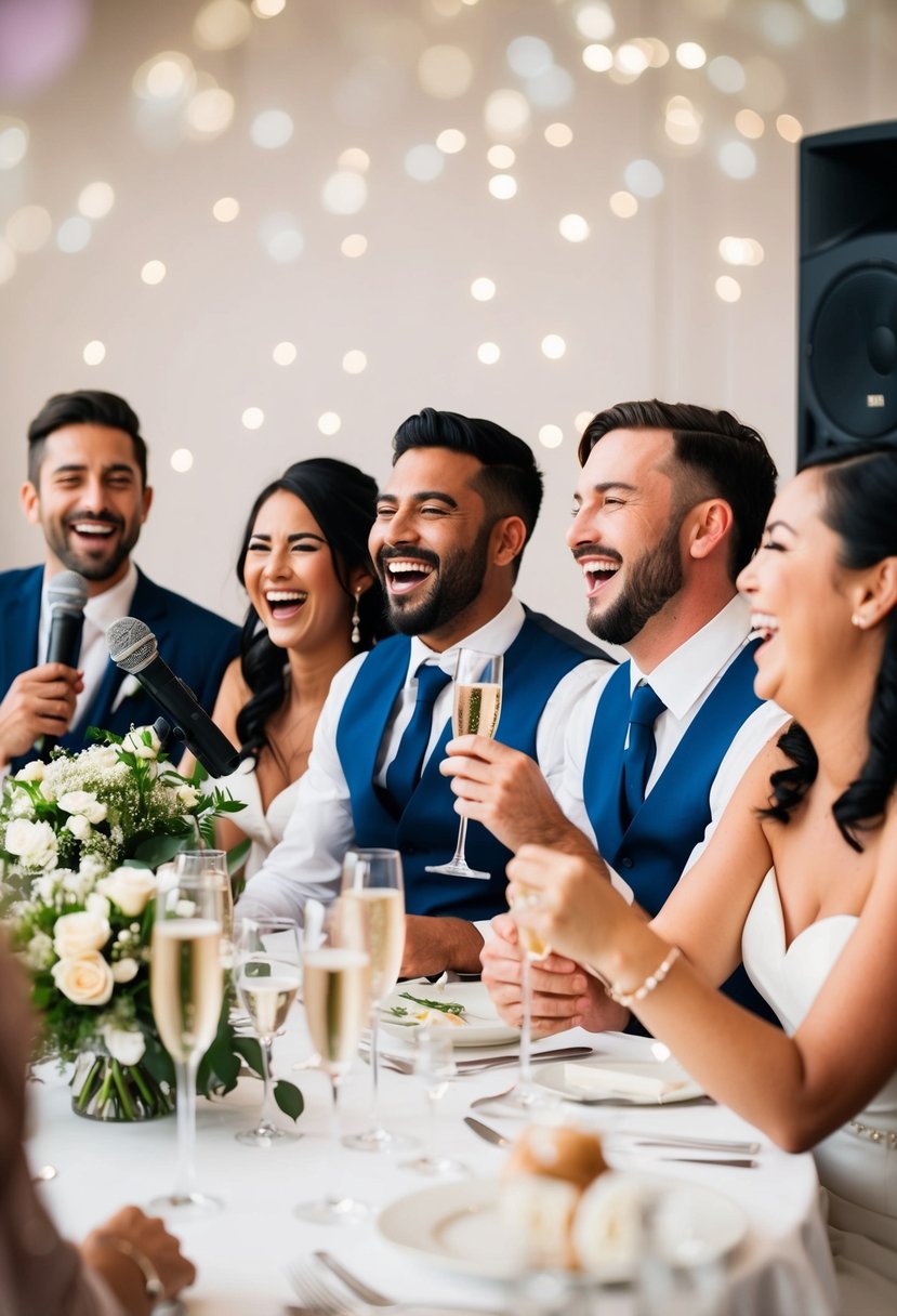 A group of joyful wedding guests laughing as the best friend delivers a light-hearted speech, with a microphone and a glass of champagne in hand