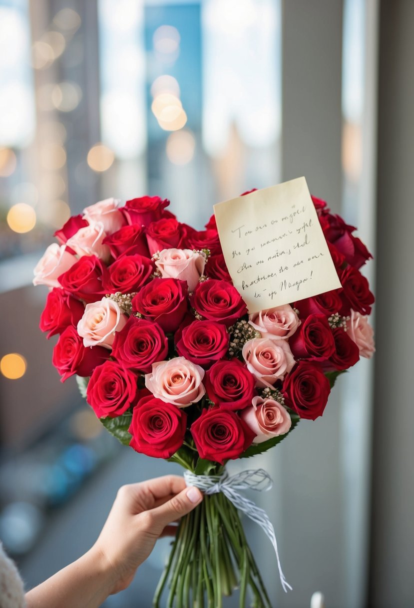 A heart-shaped bouquet of flowers with a handwritten note tied to it