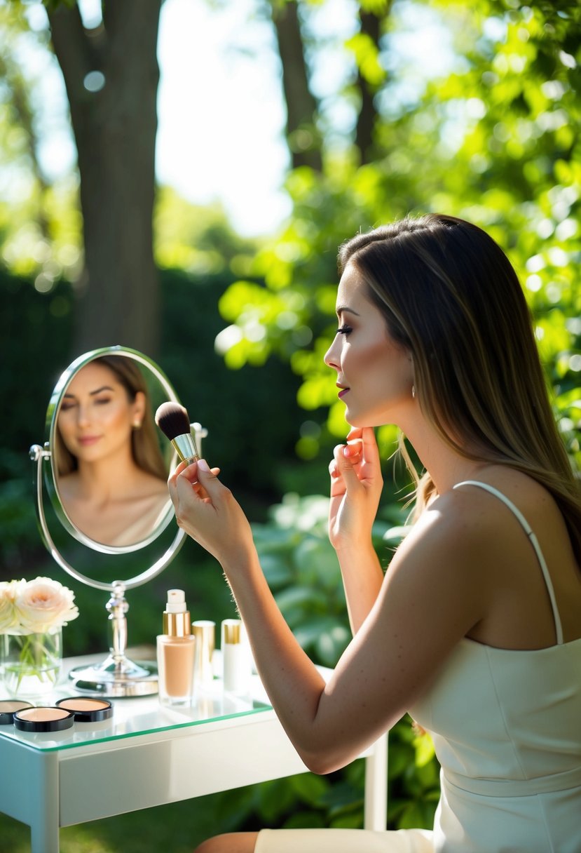 A woman sits at a vanity in a garden, applying matte foundation with a brush. Sunlight filters through the trees, casting dappled shadows on her face