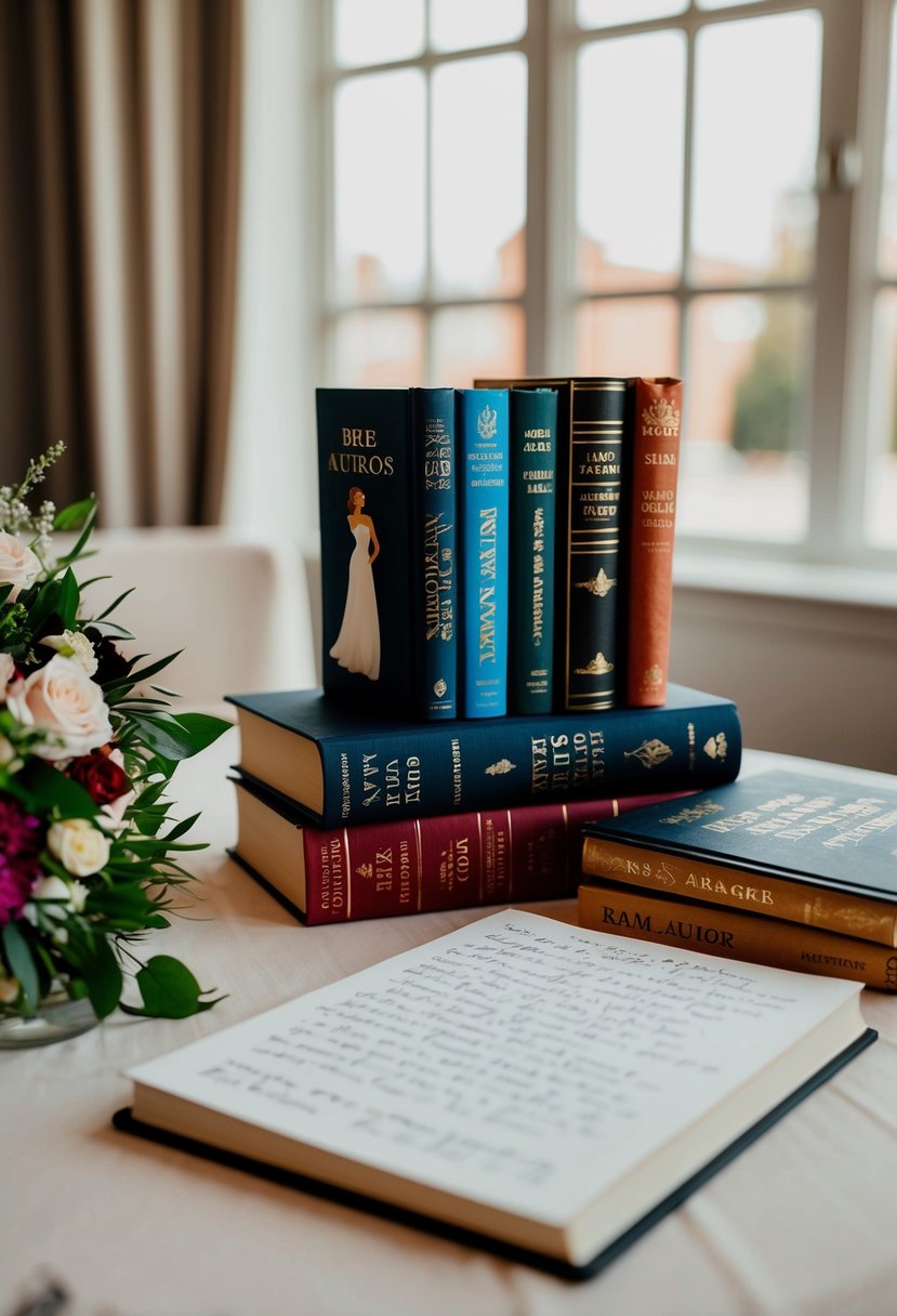 A bride's favorite author's books arranged on a table, with a handwritten speech draft and a bouquet of flowers nearby