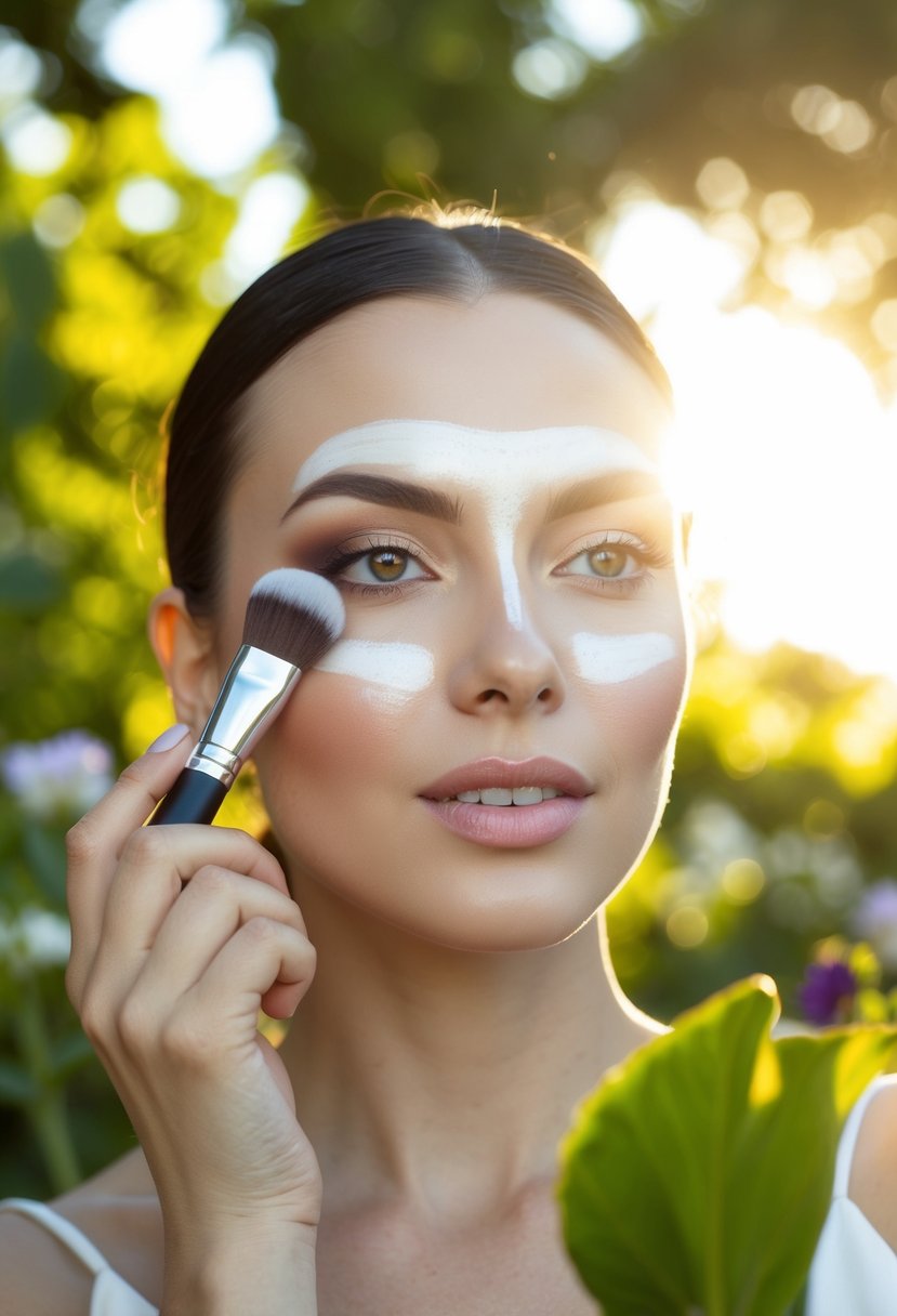 A hand holding a makeup brush applies primer to a glowing, sunlit face in a garden setting