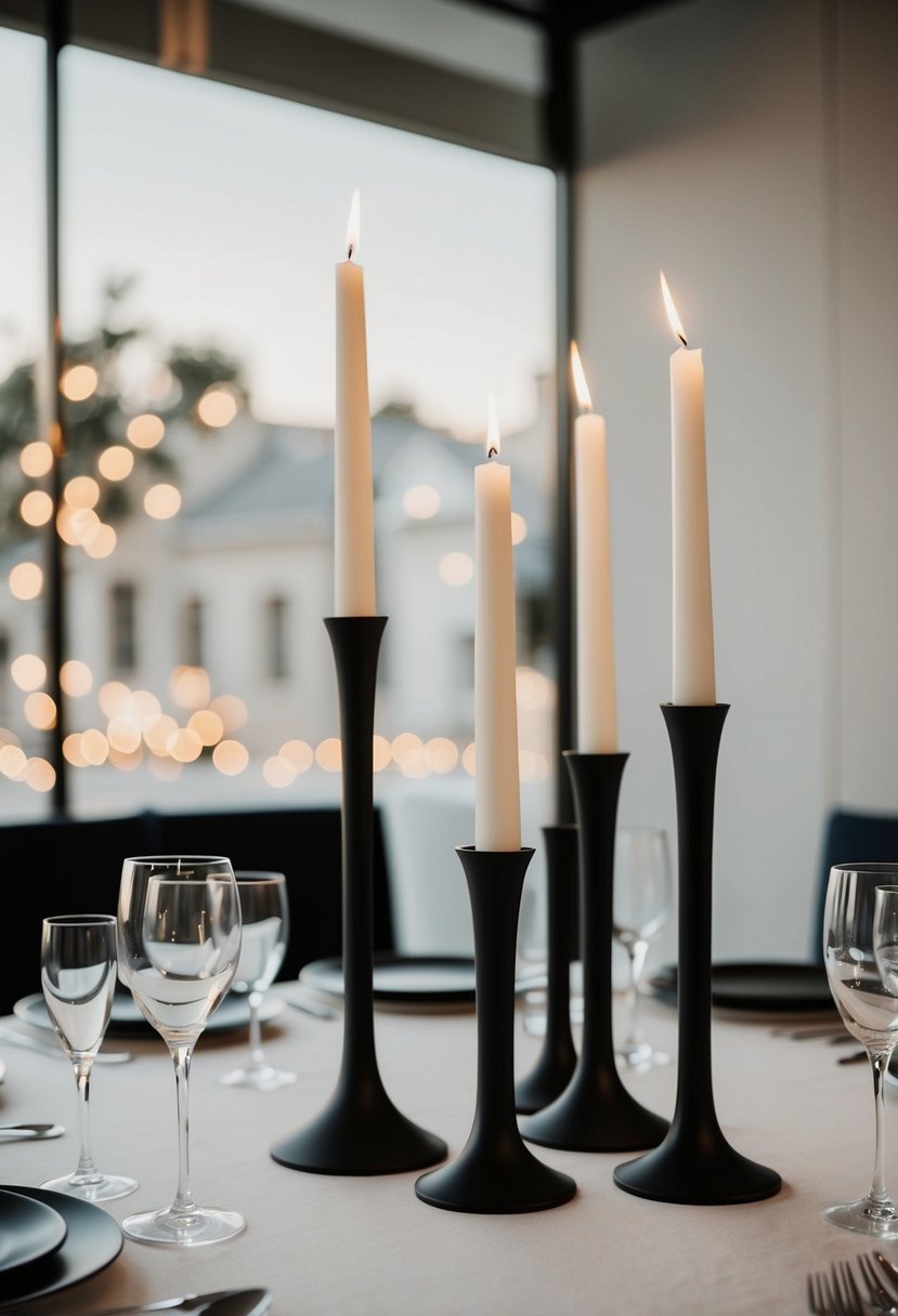 A table set with sleek, modern candle holders in a minimalist wedding setting