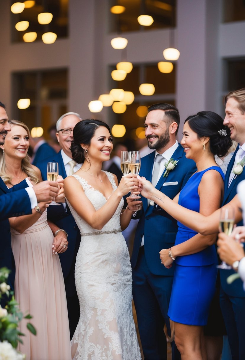 A couple holding hands, surrounded by friends and family, raising a toast at a wedding reception