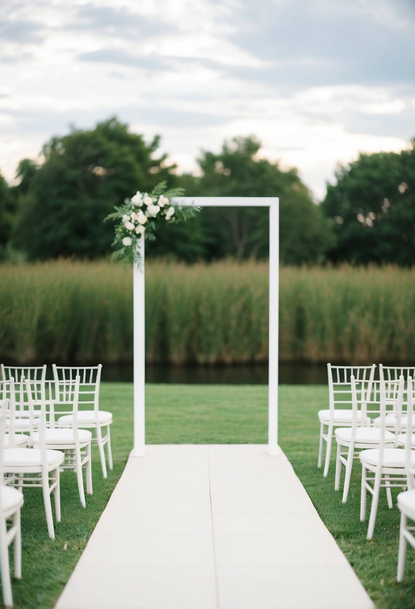 A serene outdoor setting with a simple, modern wedding arch and a few chairs arranged in a minimalist fashion