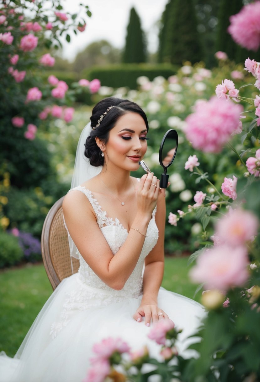 A bride sitting in a garden, surrounded by blooming flowers, applying natural makeup with a mirror in hand