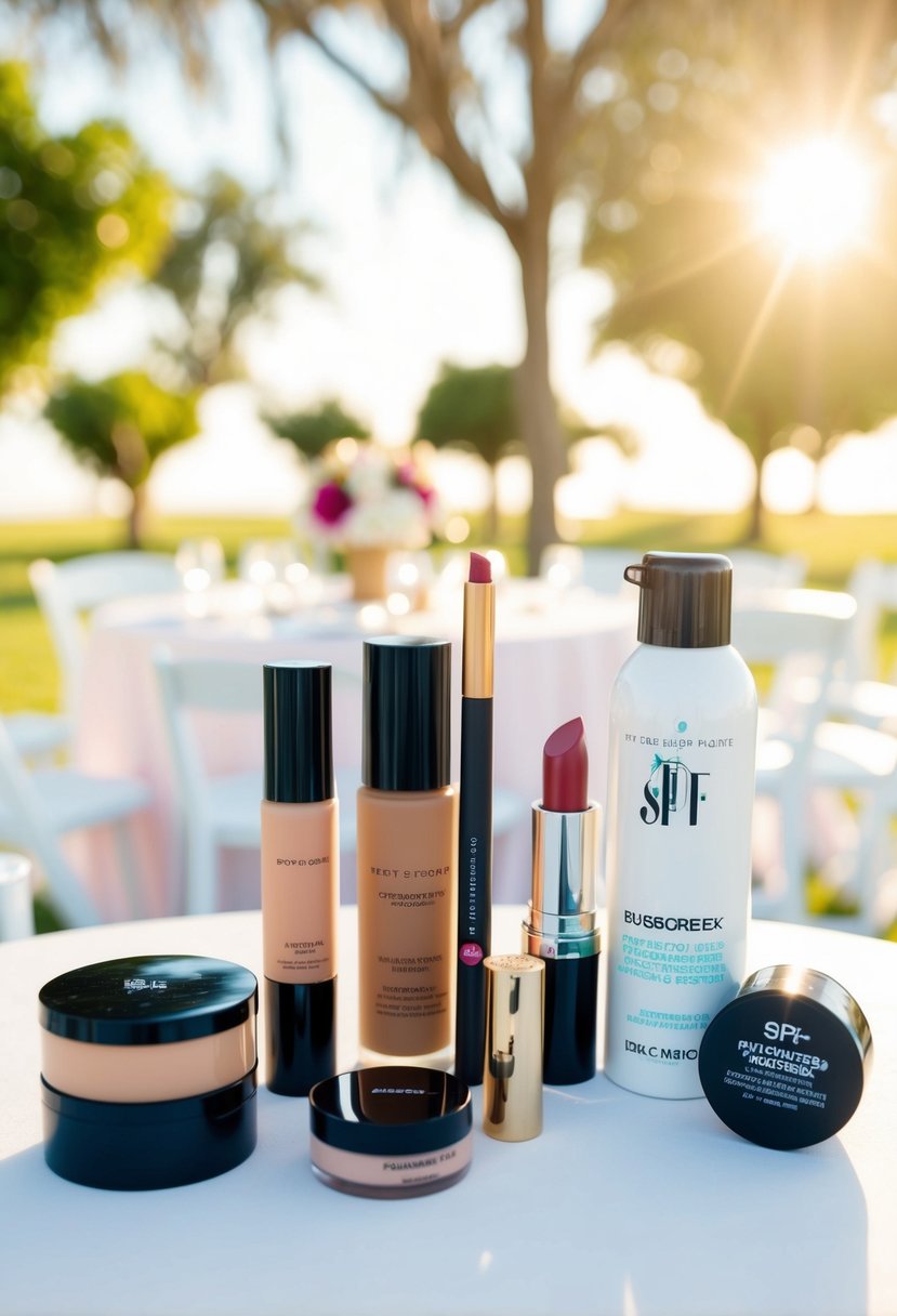 A table with various makeup products, including foundation, powder, lipstick, and sunscreen labeled with SPF, set against a backdrop of a bright, sunny outdoor wedding venue