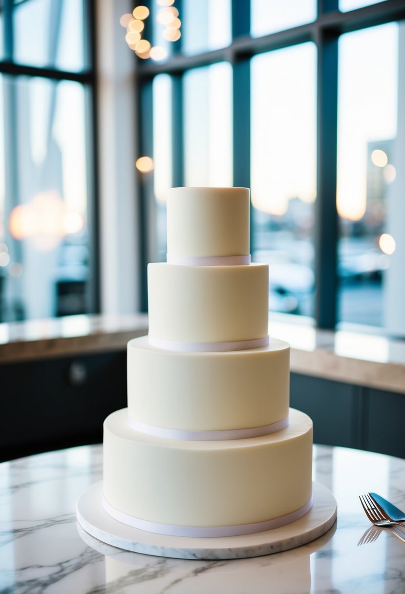 A simple, three-tiered wedding cake on a marble table with a clean, modern backdrop