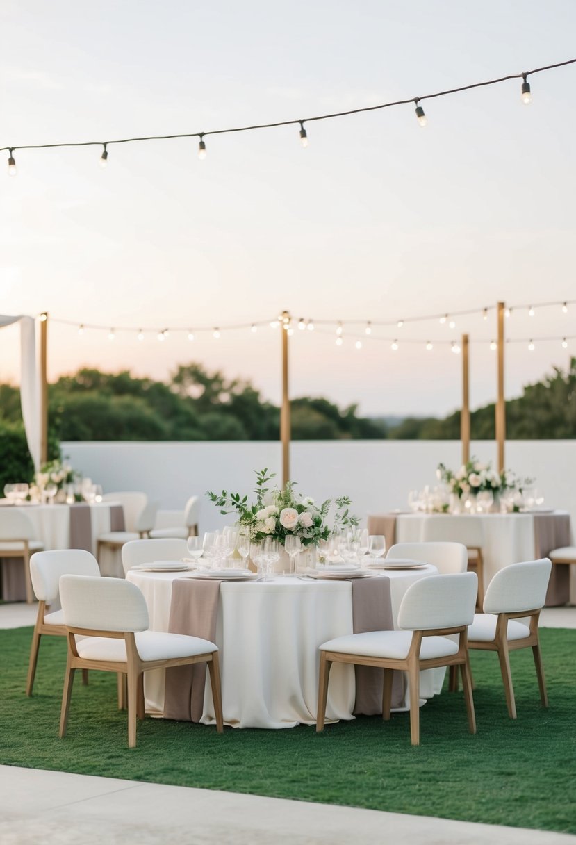 A serene outdoor setting with modern, minimalistic decor for a chic wedding. Clean lines, neutral colors, and simple yet elegant furnishings create a sophisticated atmosphere