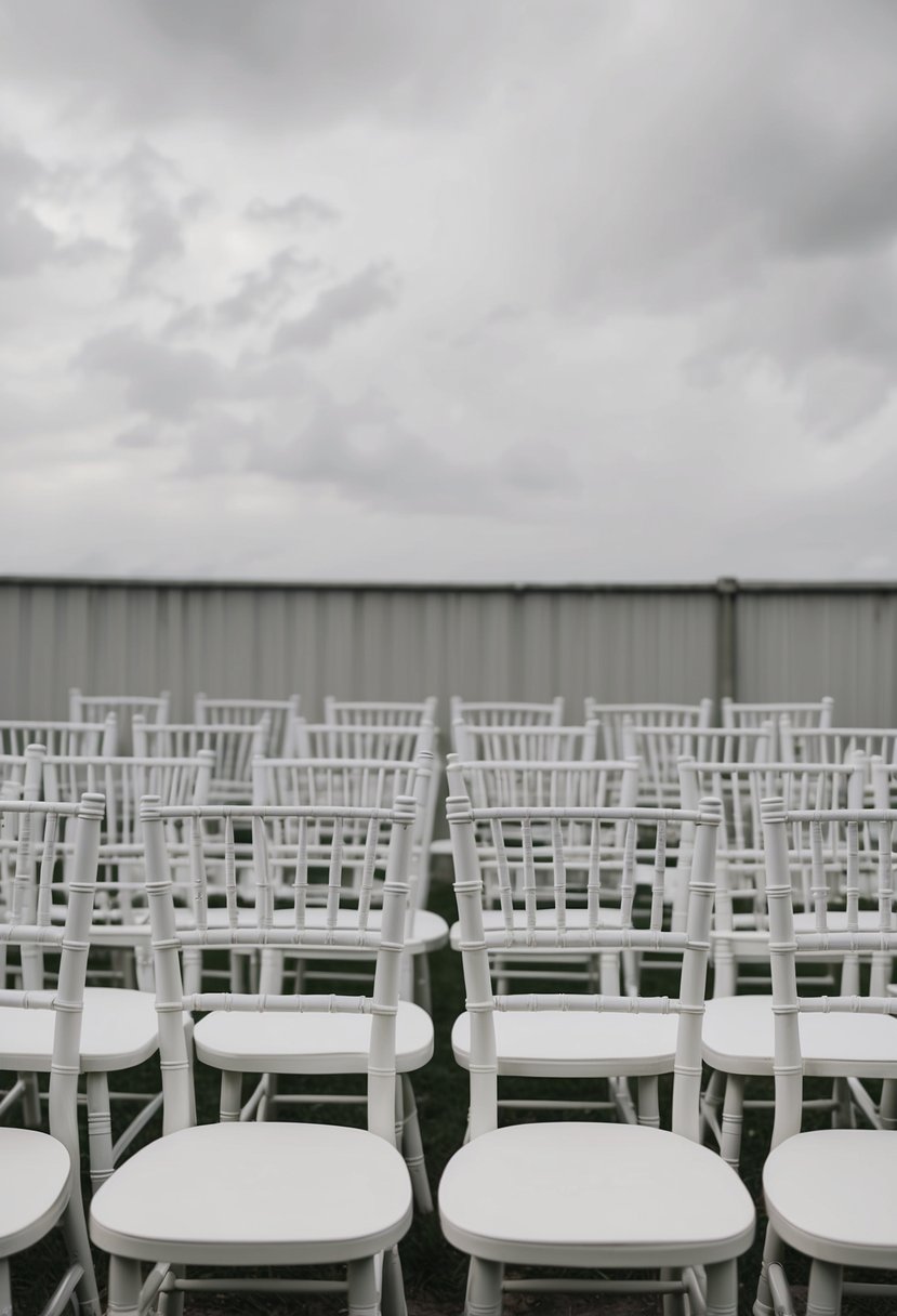 A simple, elegant wedding setup with rows of classic Chiavari chairs arranged in a minimalist style