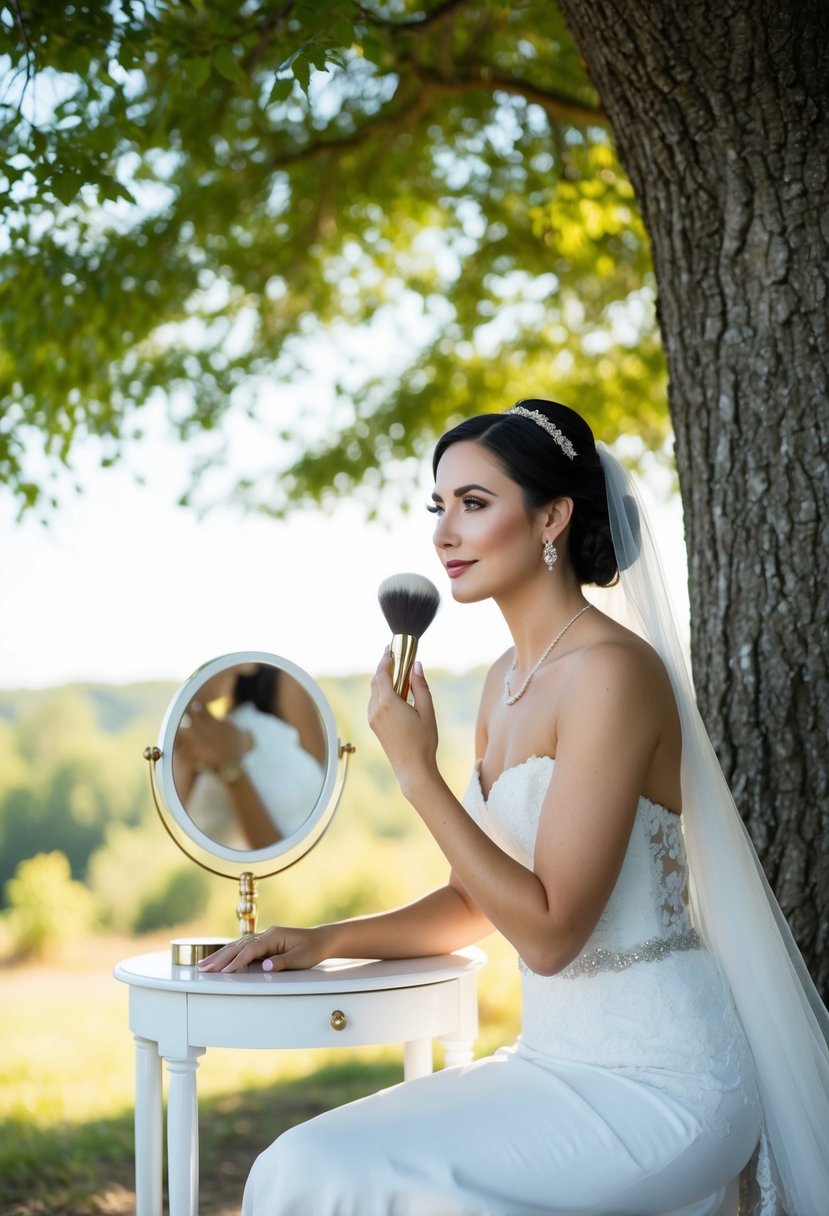 A bride sitting at a vanity table under a tree, applying translucent powder to her face with a fluffy brush, surrounded by nature and sunlight