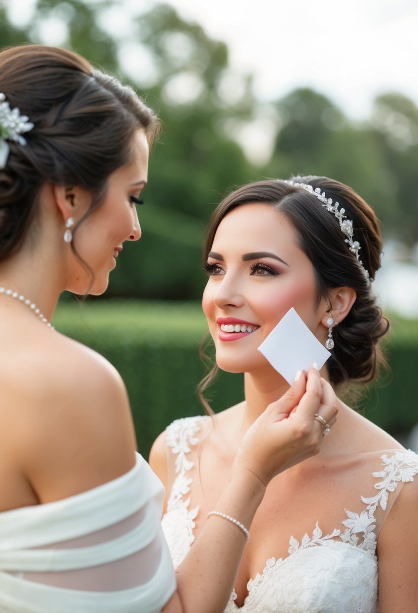 An elegant outdoor wedding setting with a bride's makeup being touched up using blotting papers