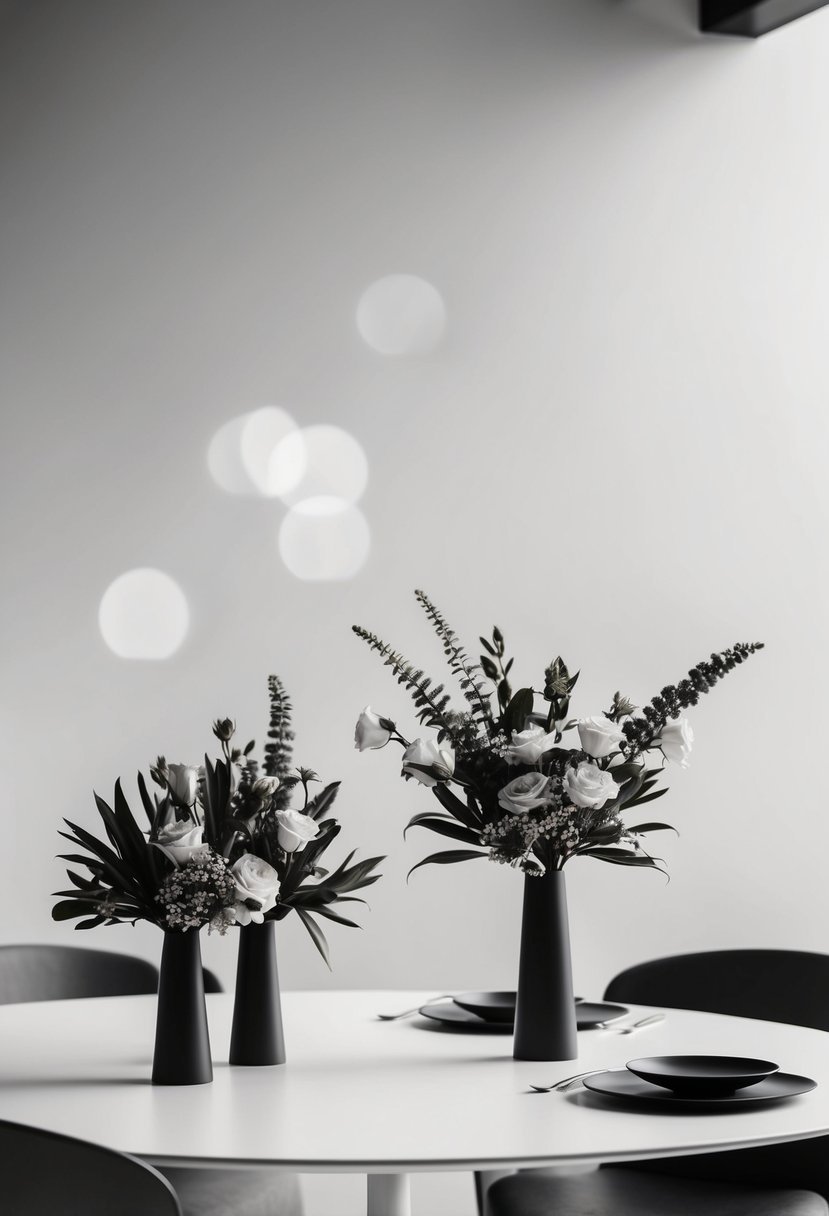 A simple, modern table with monochrome floral arrangements in sleek vases