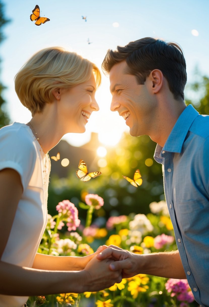 A sunlit garden, two figures facing each other, exchanging smiles and laughter, surrounded by blooming flowers and fluttering butterflies