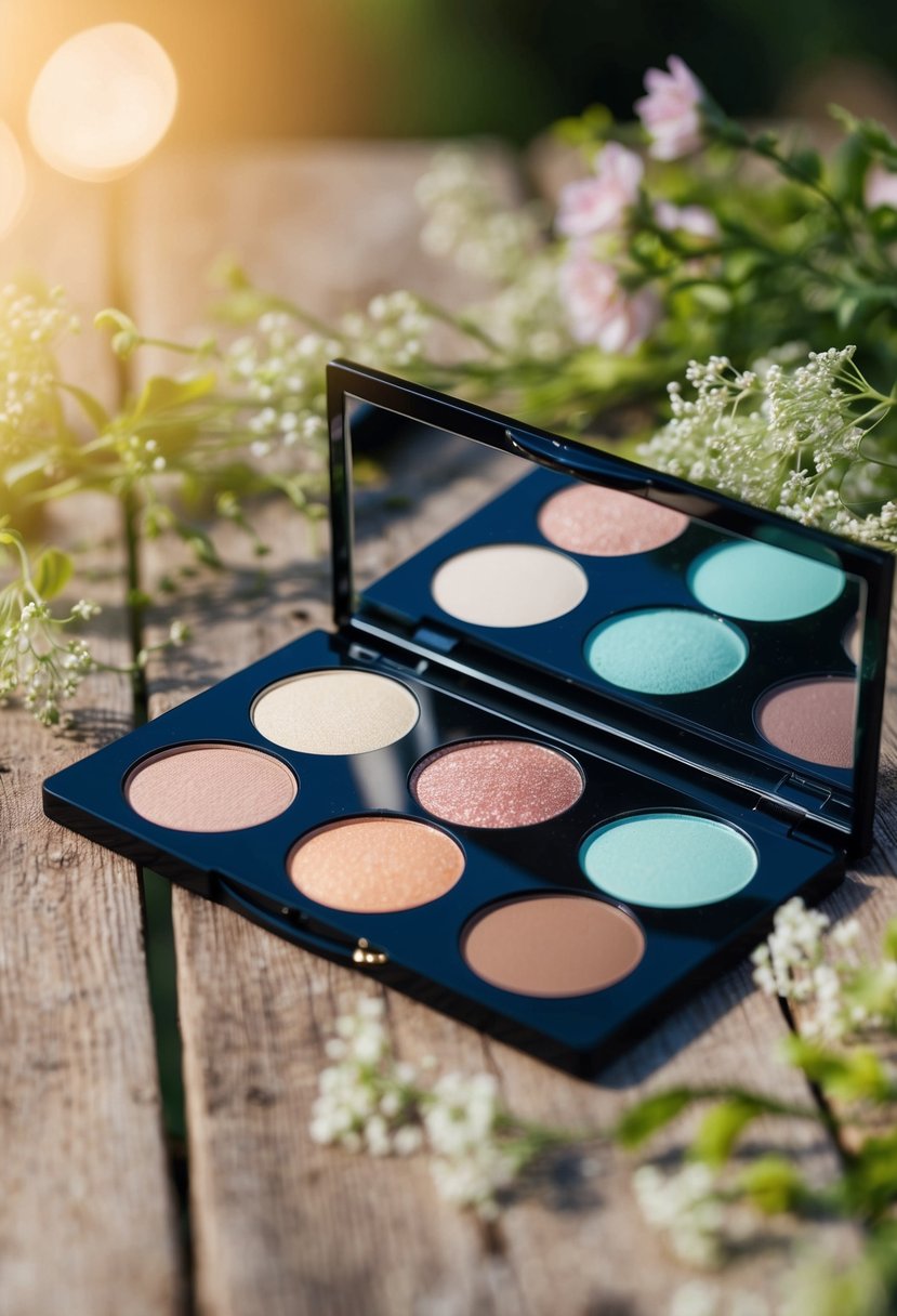 A palette of powder eyeshadows arranged on a rustic wooden table, surrounded by delicate flowers and greenery, under the soft glow of natural sunlight