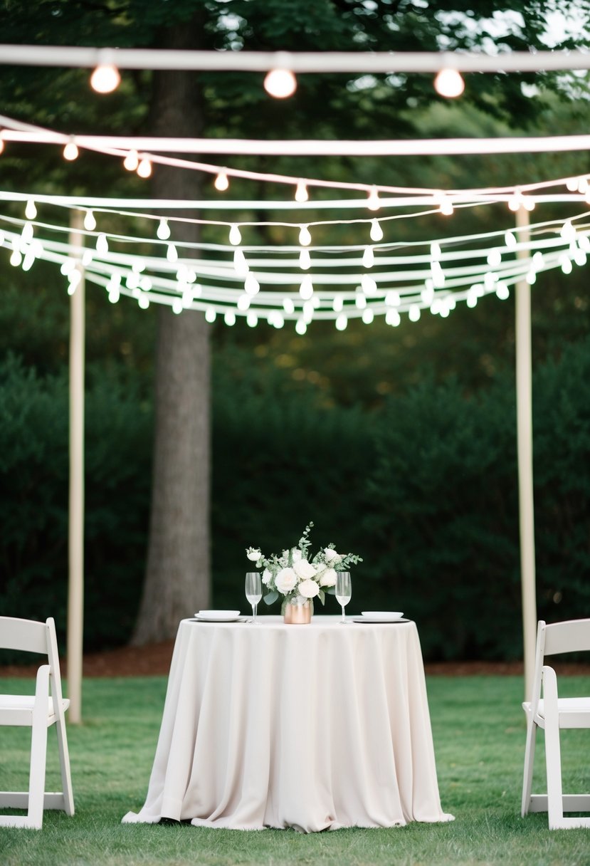 Soft string lights drape over a simple outdoor wedding setup. Minimalist decor with clean lines and neutral colors creates an elegant, understated atmosphere