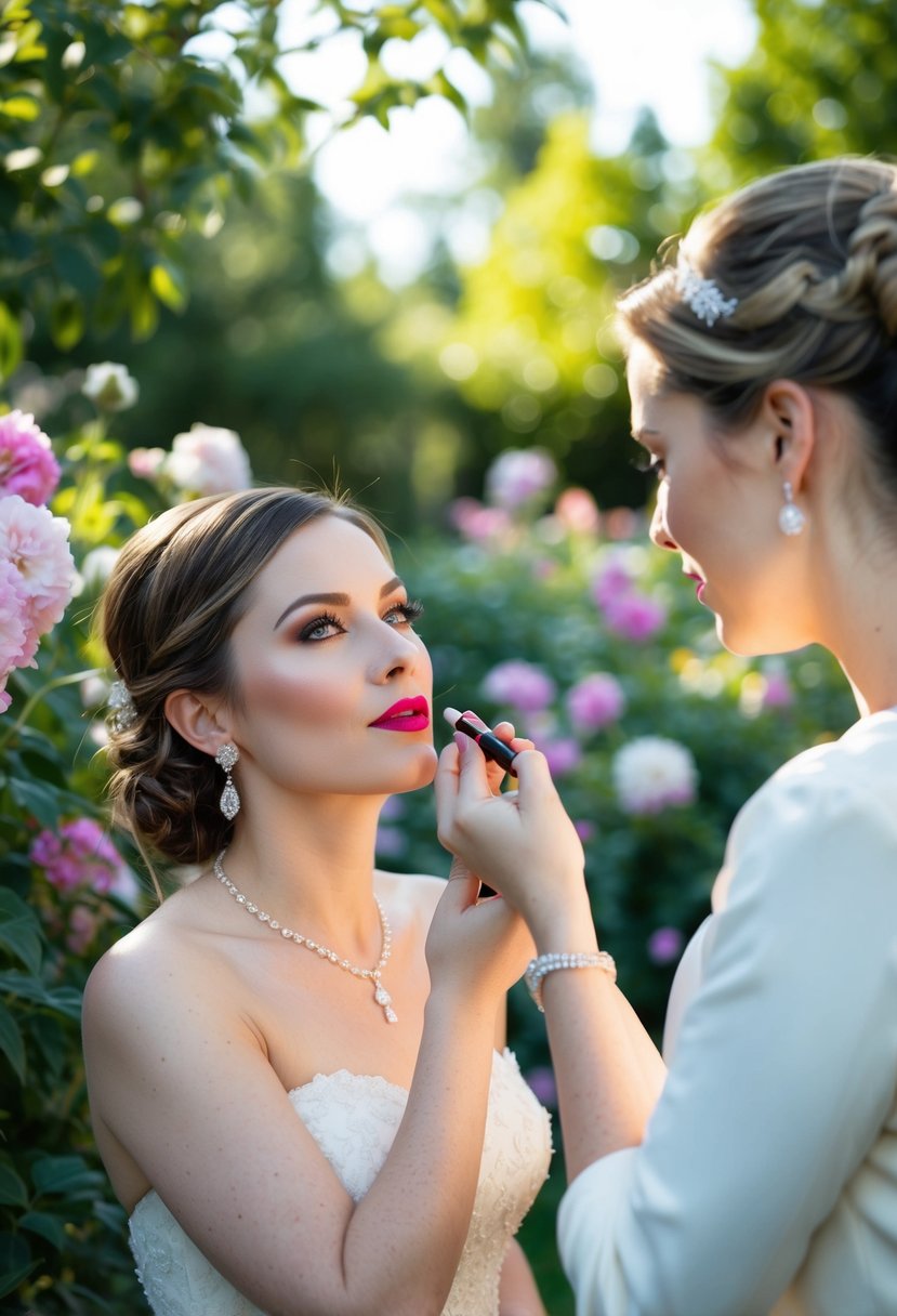 A bride applying lip stain in a garden, surrounded by blooming flowers and dappled sunlight