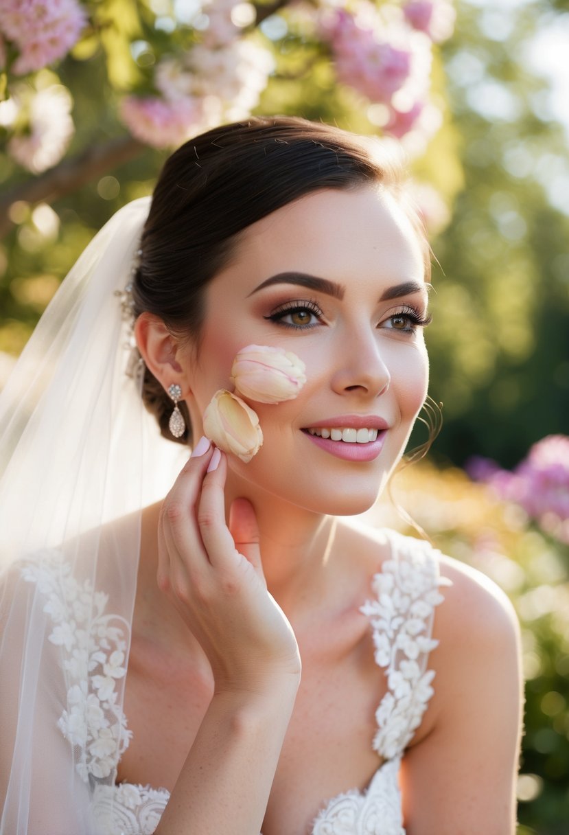 A bride applies cream blush to her cheeks in the soft light of an outdoor wedding, surrounded by blooming flowers and dappled sunlight