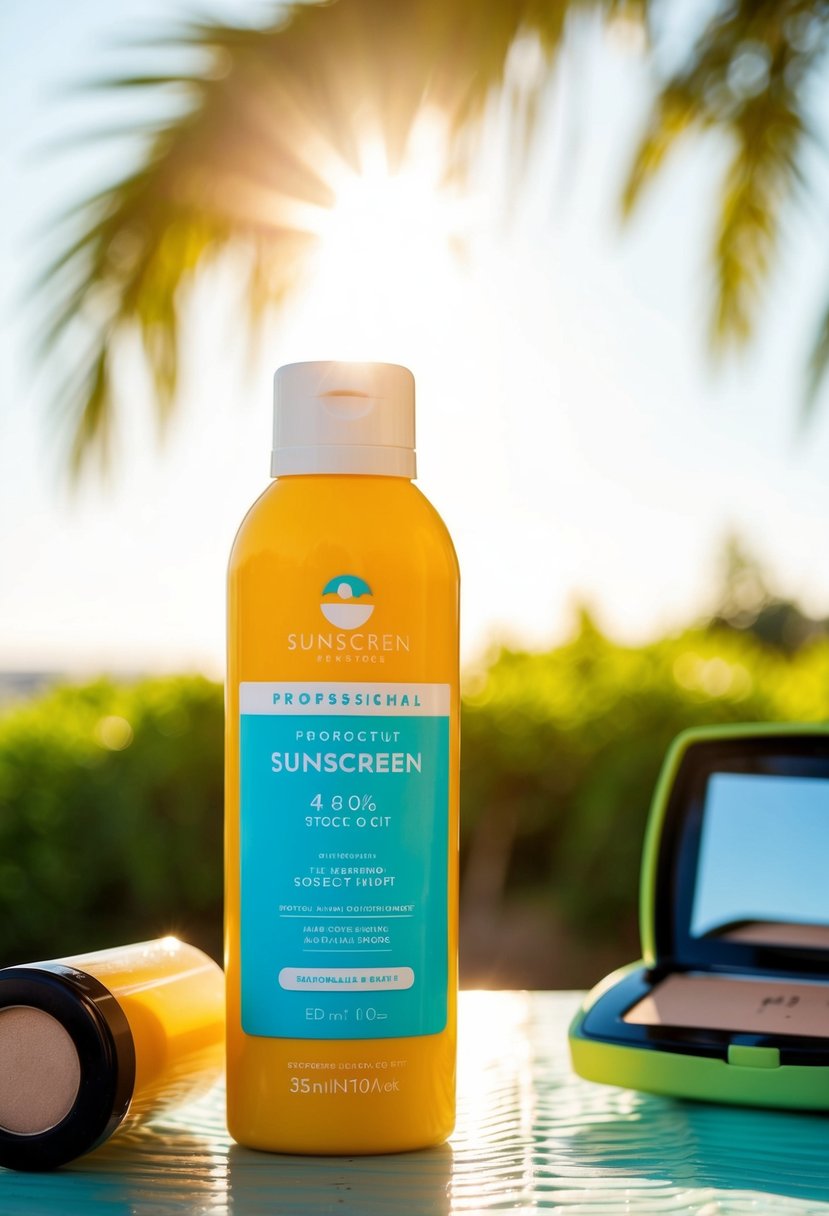 A bottle of sunscreen sits next to a makeup kit on a table outdoors. The sun is shining brightly in the background