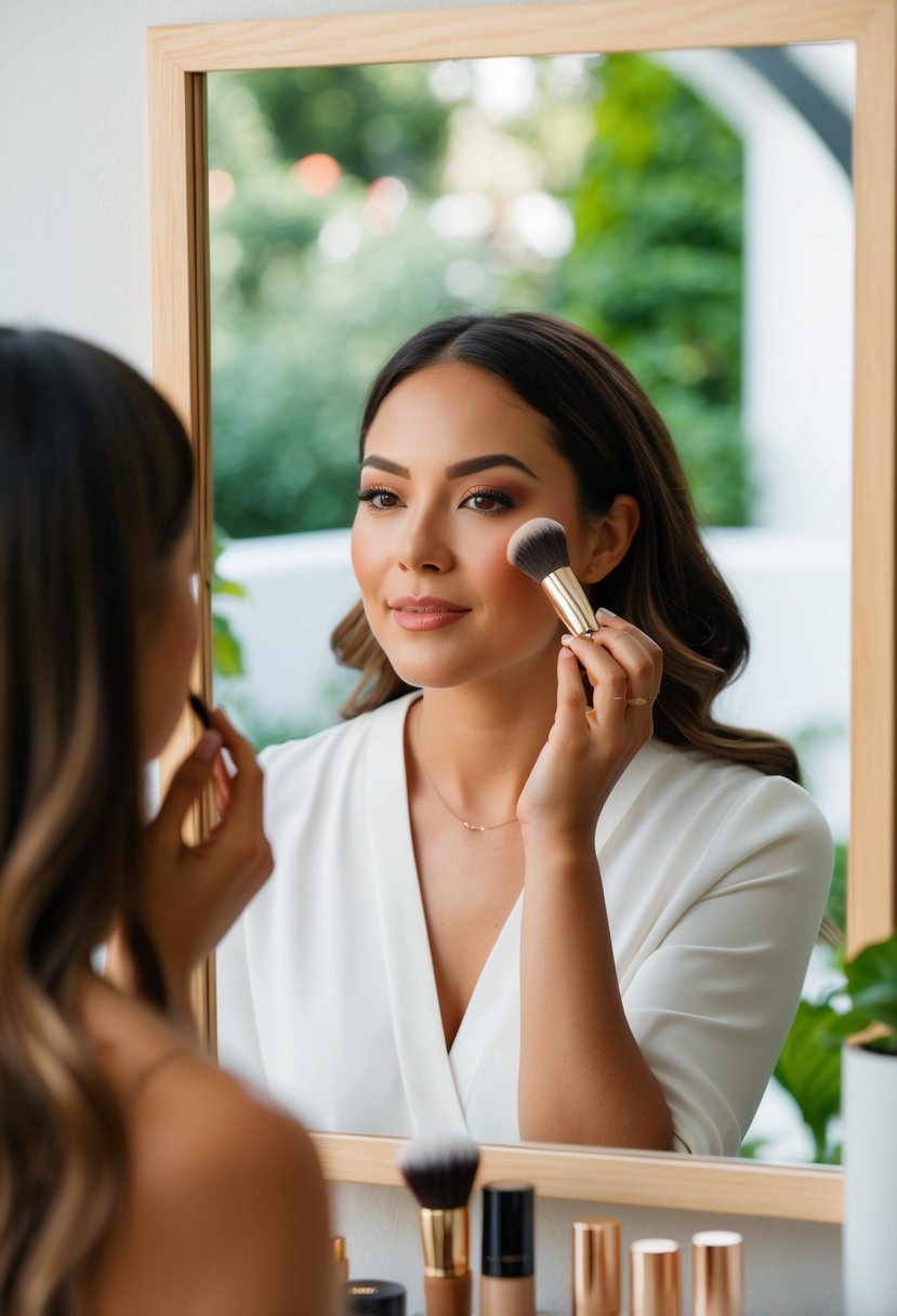 A woman applying natural makeup in front of a mirror with a garden view