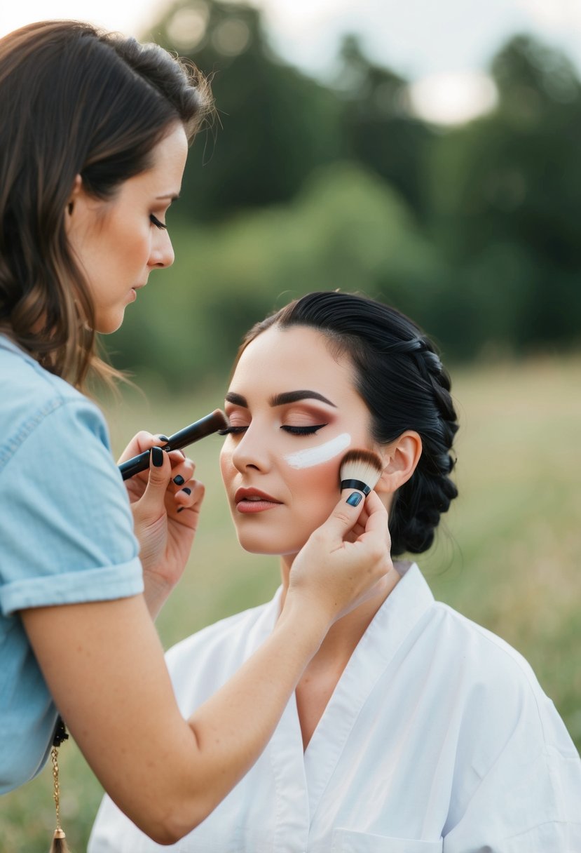 A makeup artist applies layers of long-lasting products to a model's face in an outdoor setting, with a focus on durability and sweat resistance