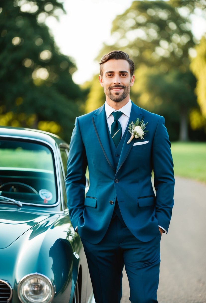 A groom in a tailored suit with a boutonniere, standing next to a sleek classic car