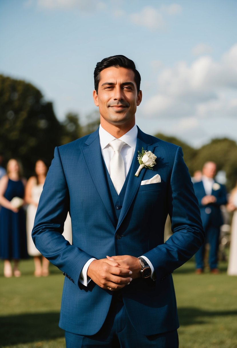 A man in a tailored suit, standing confidently at a wedding