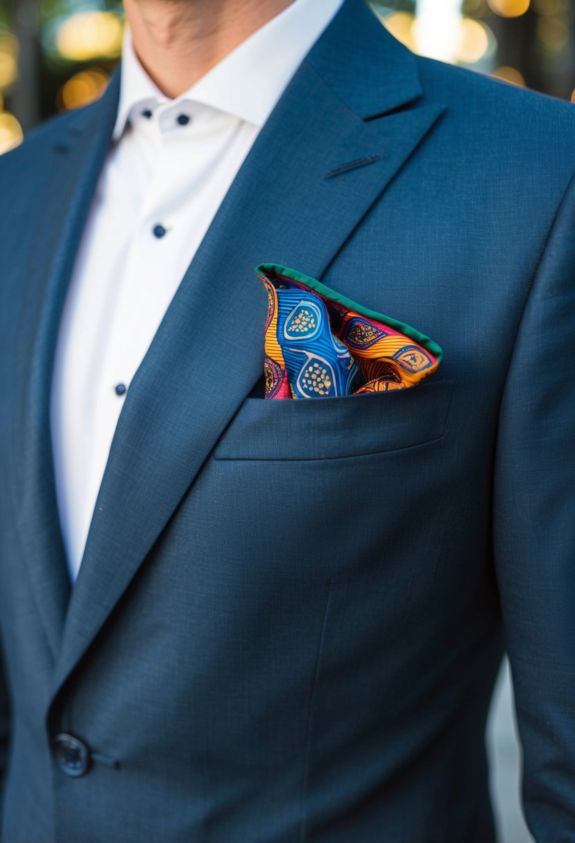 A sleek suit jacket with a vibrant pocket square peeking out of the breast pocket